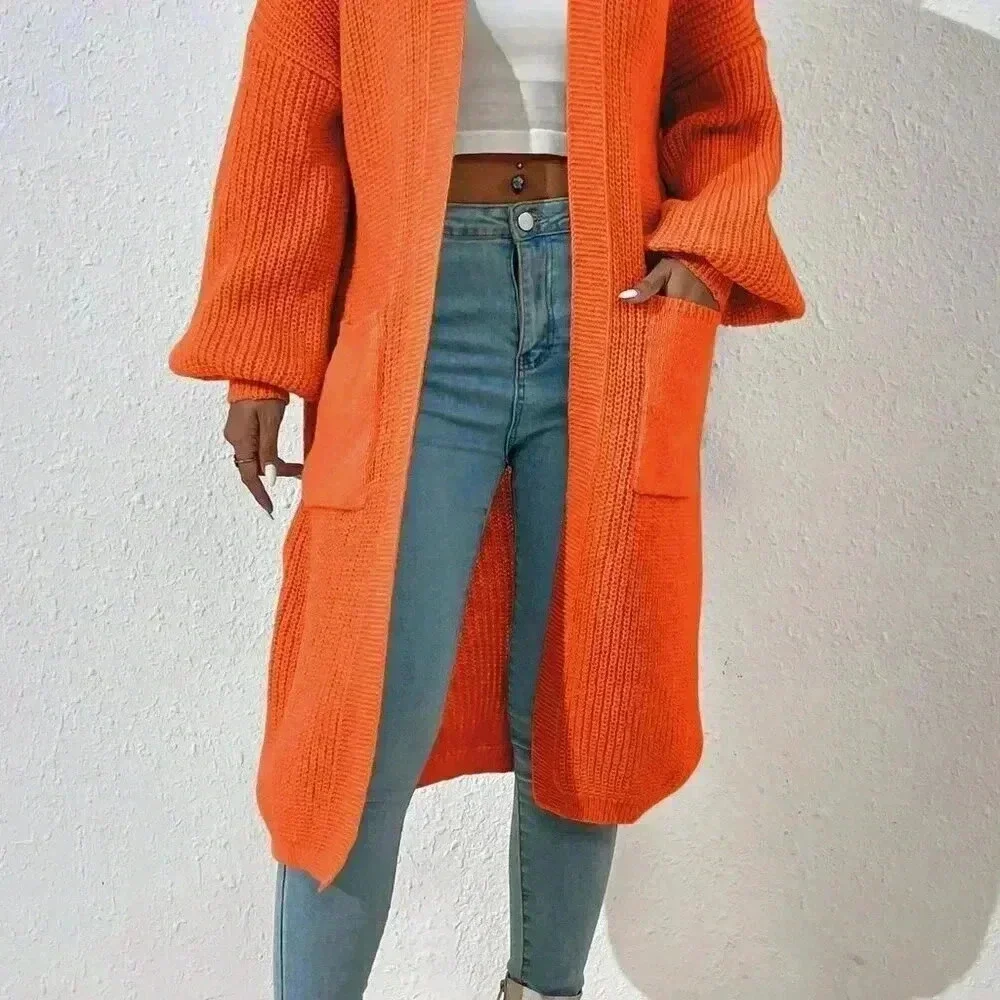 Orange Casual Women's Dual Pocket Drop Shoulder Duster Cardigan